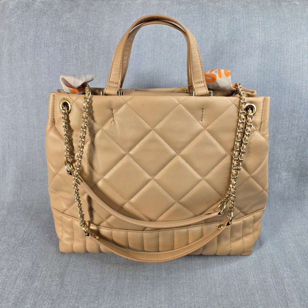 Steve Madden Quilted Tote Bag Womens Large Tan Excellent‎ Scarf Chain Detail - Picture 2 of 16